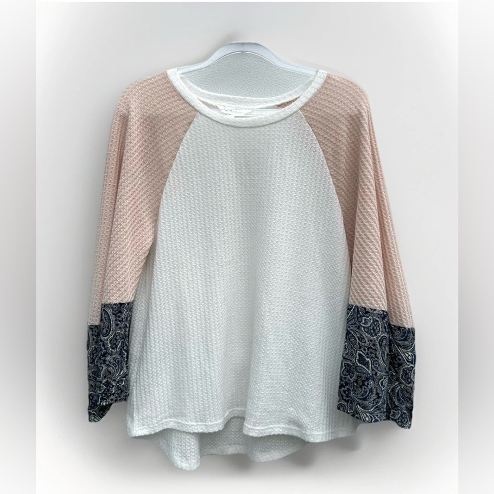 Sundance Top Women M Boho Waffle Knit Bell Sleeves Pullover Mixed Media Hippie